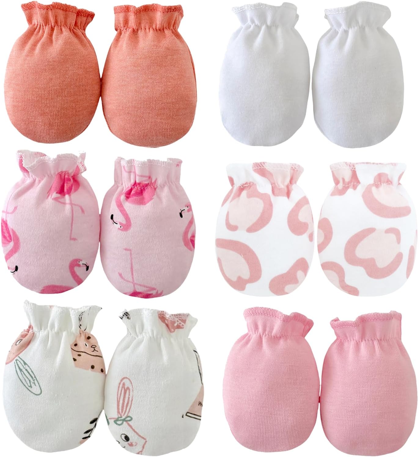 PandaEar 6 Pairs Newborn Baby No Scratch Mittens, 100% Cotton Elastic Wrist Gloves for baby Girls 0-6 Months