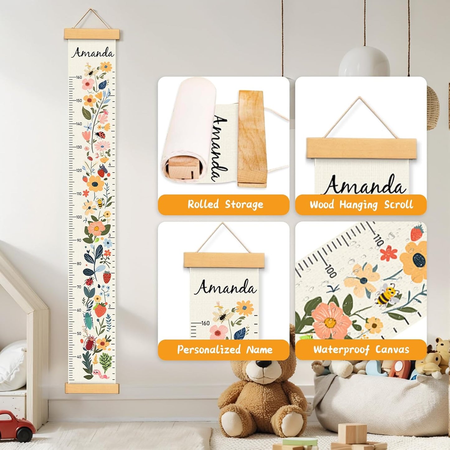 Personalized Name Growth Chart for Kids, Flower Canvas Height Chart Ruler Removable Hanging Wall Ruler Measurement Chart for Home Decoration, Waterproof Measuring Board, Foldable