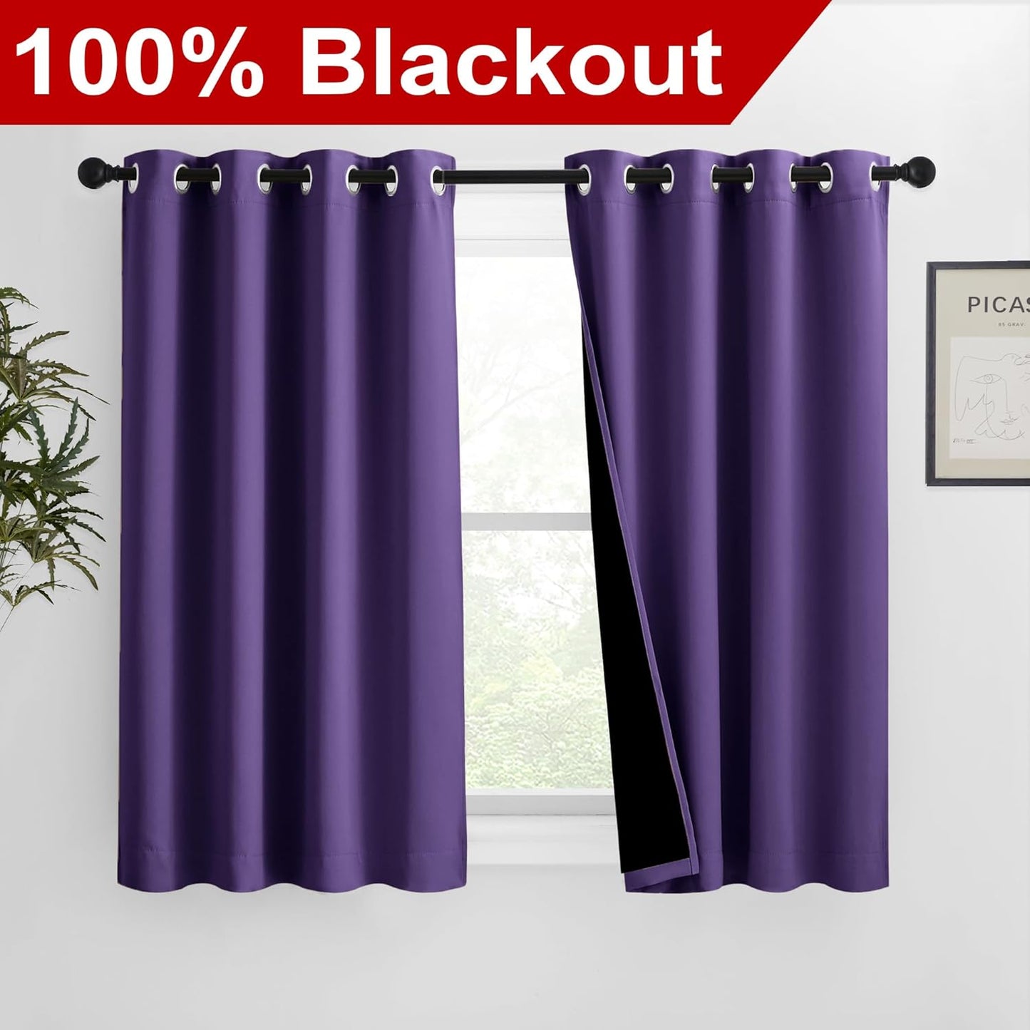 NICETOWN 100% Blackout Curtains with Black Liners, Solid Thermal Insulated Full Blackout 2-Layer Lined Drapes, Energy Efficiency Window Draperies for Bedroom (2 Panels, 46" W by 54" L, Lilac Purple)