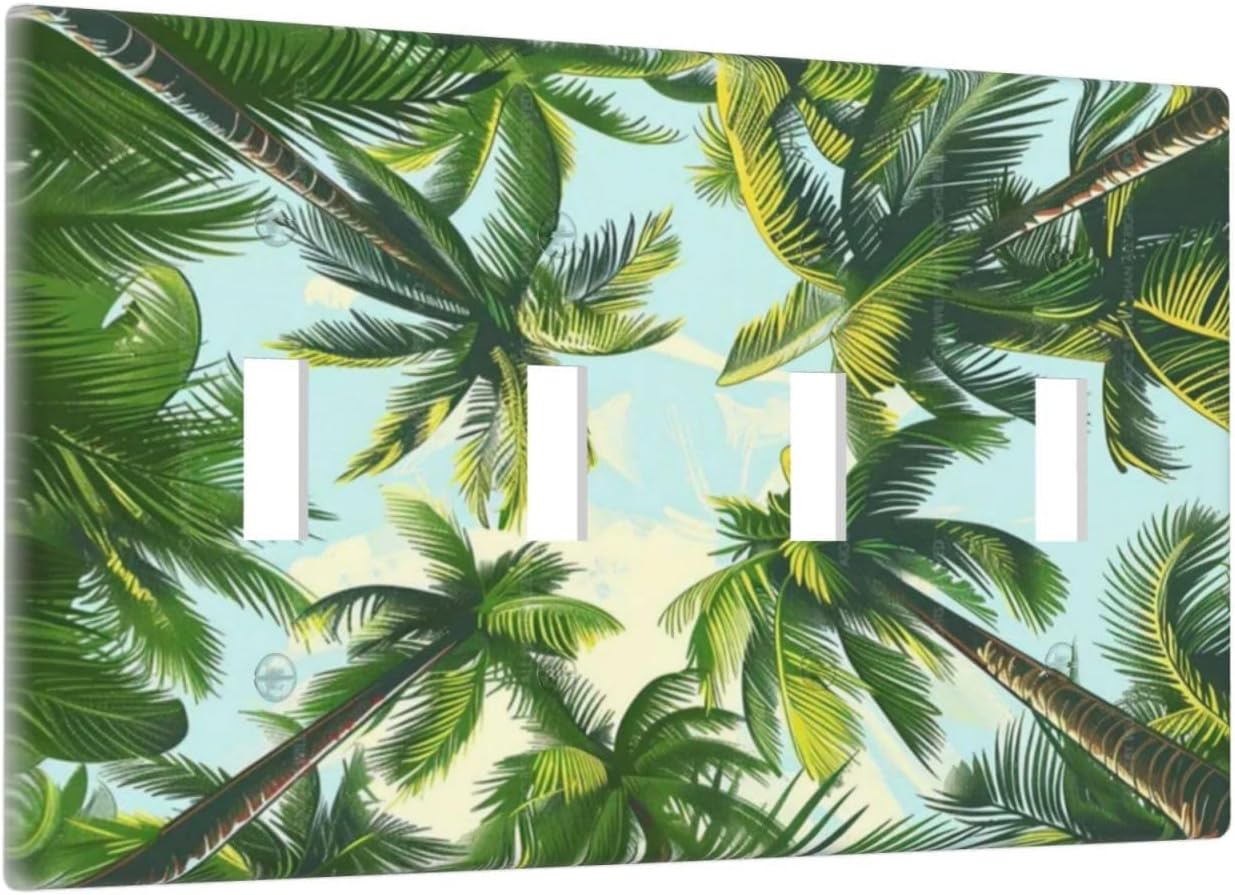 Summer Sky Coconut Palms Trees Green Plants Leaf Light Switch Covers Quad Toggle Electrical Faceplate 4 Gang Wall Plate Decorative Switch Plates for Bed Room Living Room Decor