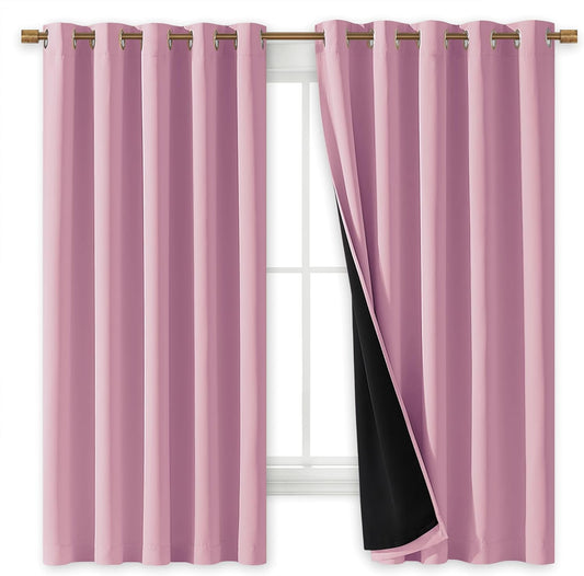 NICETOWN 100% Blackout Curtains with Black Liners, Thermal Insulated Full Blackout 2-Layer Lined Drapes, Energy Efficiency Window Draperies for Bedroom (Crystal Pink, 2 Panels, 70-inch W by 63-inch L)