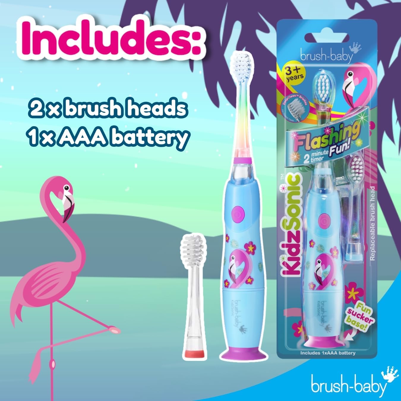Brush‑Baby - KidzSonic Flamingo Kids Electric Toothbrush for Ages 3+ with Disco LED Lights, Gentle Sonic Vibrations, 2-Minute Smart Timer & 30‑Second Pulse Reminders – AAA Battery Included
