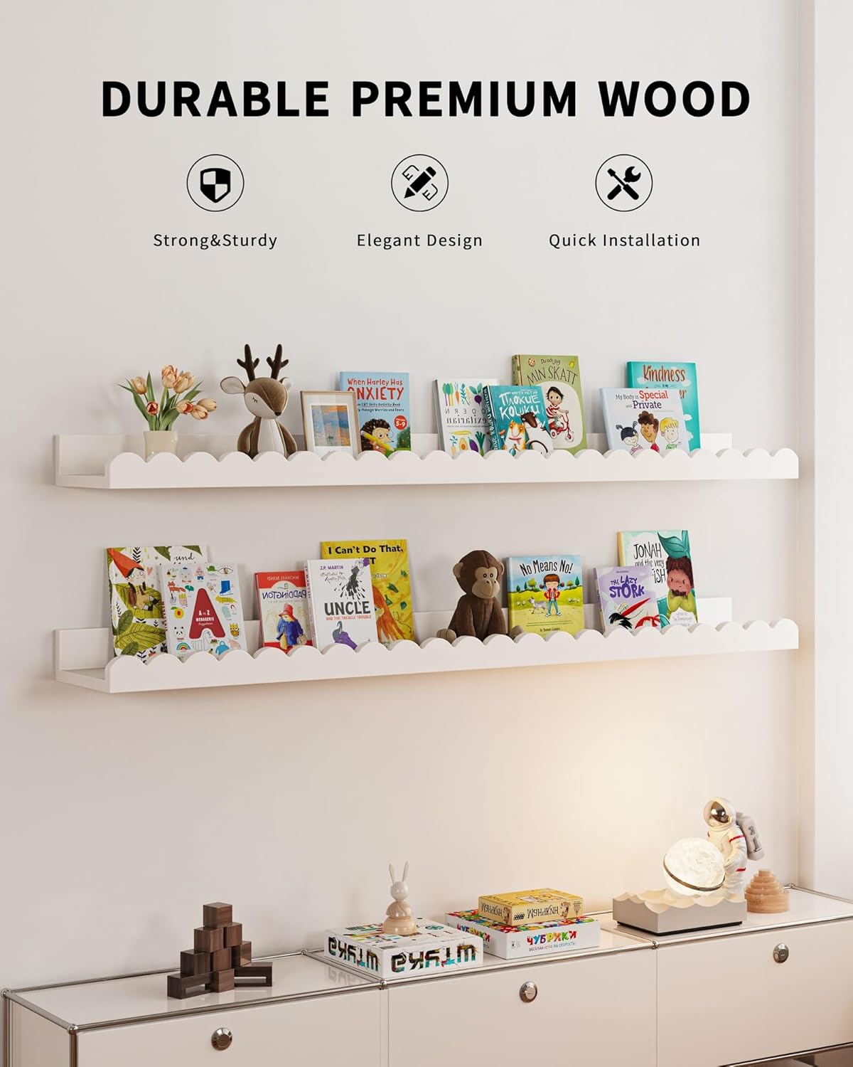 Nursery Book Shelves, 4-Pack White Floating Shelves for Wall Kids, Scalloped Shelves, Wall Book Shelves for Bedroom Kids, Toddler Room, Baby Room, Nursery Decor (White, 36 Inches)