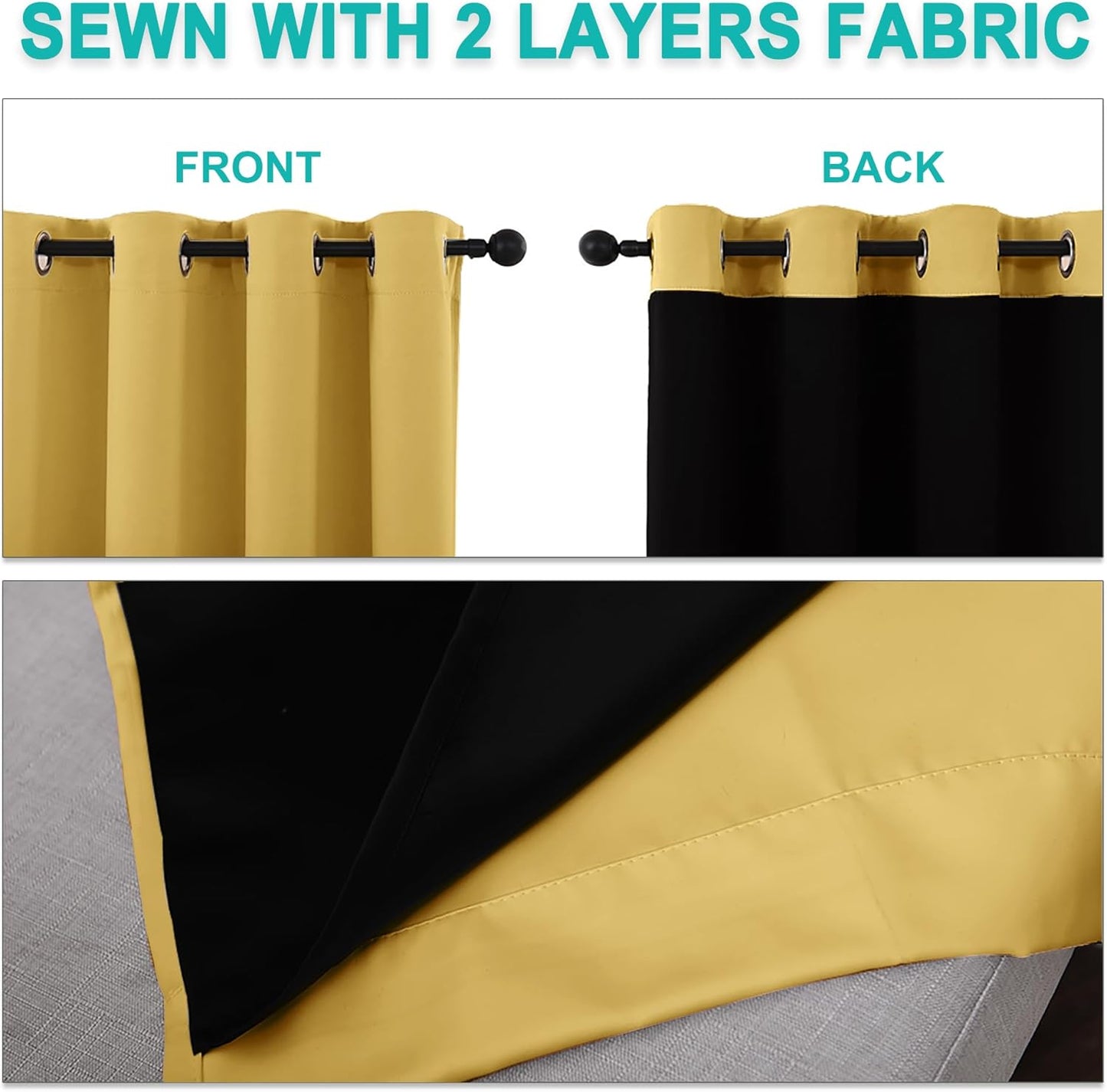 NICETOWN 100% Blackout Blinds, Set of 2, 46 inches x 96 inches, Laundry Room Decor Window Treatment Curtains for Large Patio Sliding Door, Thermal Insulated Bright Yellow Curtains for Bedroom