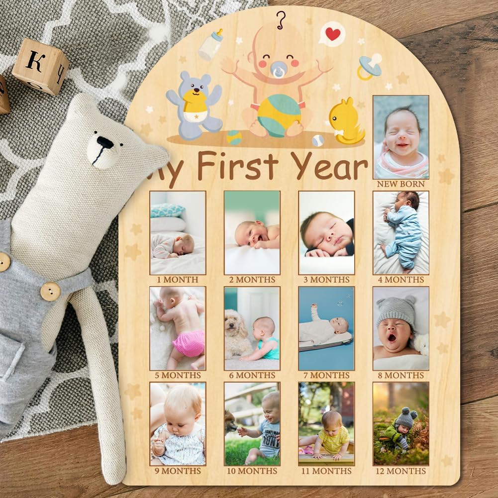 ORIGACH My First Year Baby Growth Photo Display Wood Board - 12 Months Newborn Milestones Photo Board - Neutral Baby Keepsake Frame 1st Birthday Party Nursery Decor New Mom Gift - Baby Bear & Duck