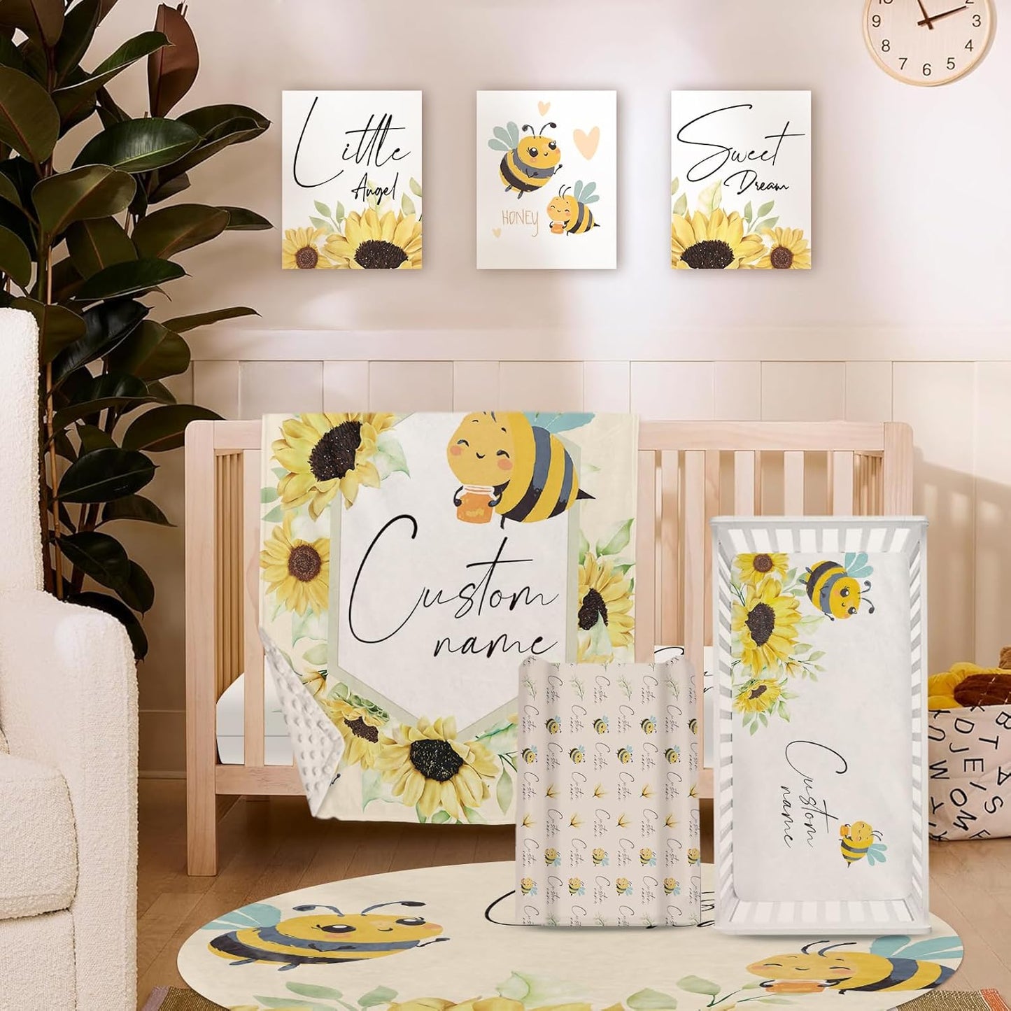 Personalized Baby Crib Bedding Set for Baby Girls, Yellow Bee Pattern Custom Name Baby Crib Sets 5-Pcs, Toddler Double Layer Blanket Fitted Sheets Changing Pad Cover Rug Wall Art Set