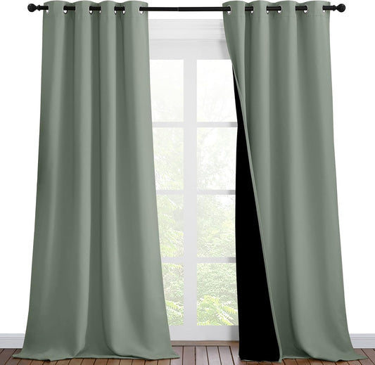 NICETOWN Greyish Green Blackout Curtains 90 inches Long, Full Light Blocking Drapes with Black Liner for Nursery, Thermal Insulated Draperies for Hall, Villa (2 Pieces, 46" Wide Each Panel)