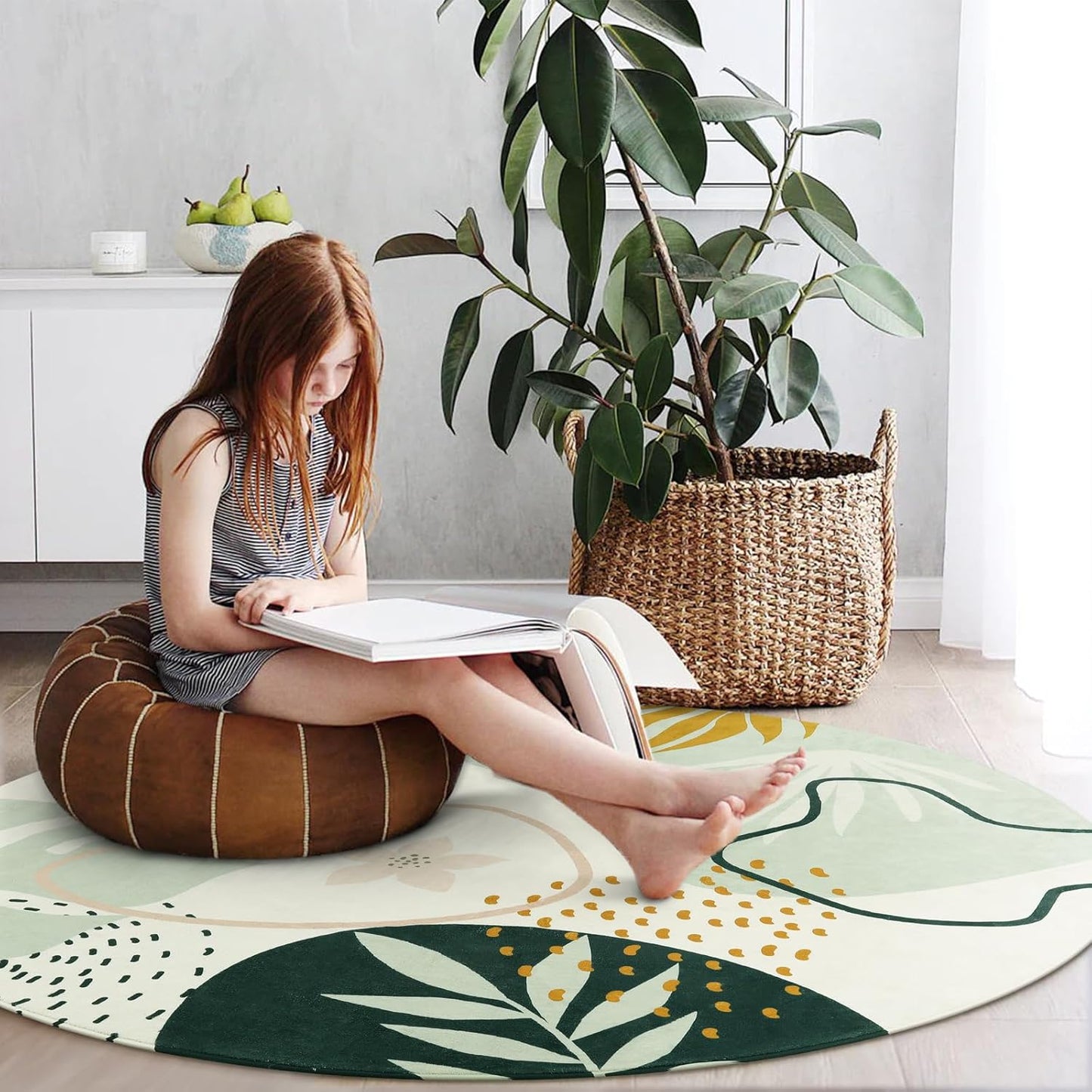 Lahome Green Washable Round Rug - 6Ft Round Area Rug for Living Room Throw Soft Boho Round Rug Large Non-Slip Round Dining Room Rug, Botanical Print Round Carpet for Bedroom Entryway Classroom Dorm