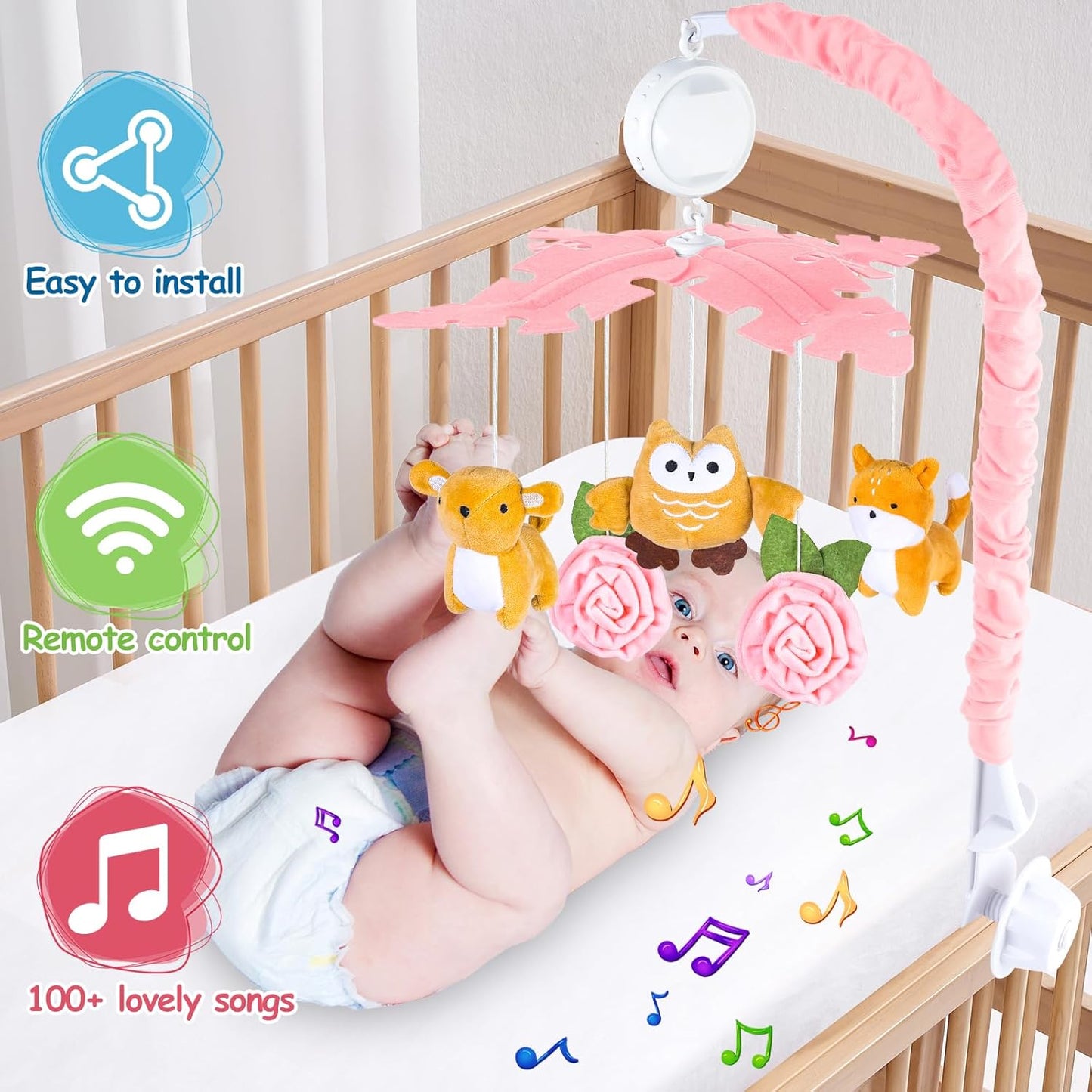 Baby Crib Mobile with Music and Lights, Mobile for Crib with Remote Control, Rotation, Starlight Projection, Crib Toys for Babies Boys Girls(Pink)