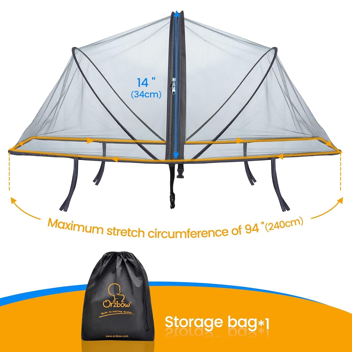 Orzbow Universal Mosquito Net for Stroller, Baby Bug Net with Two-Way Zippers & Storage Bag, Breathable & Foldable Mosquito Netting for Strollers, Car Seat, Bassinet, Portable Mini Crib, Dark Grey