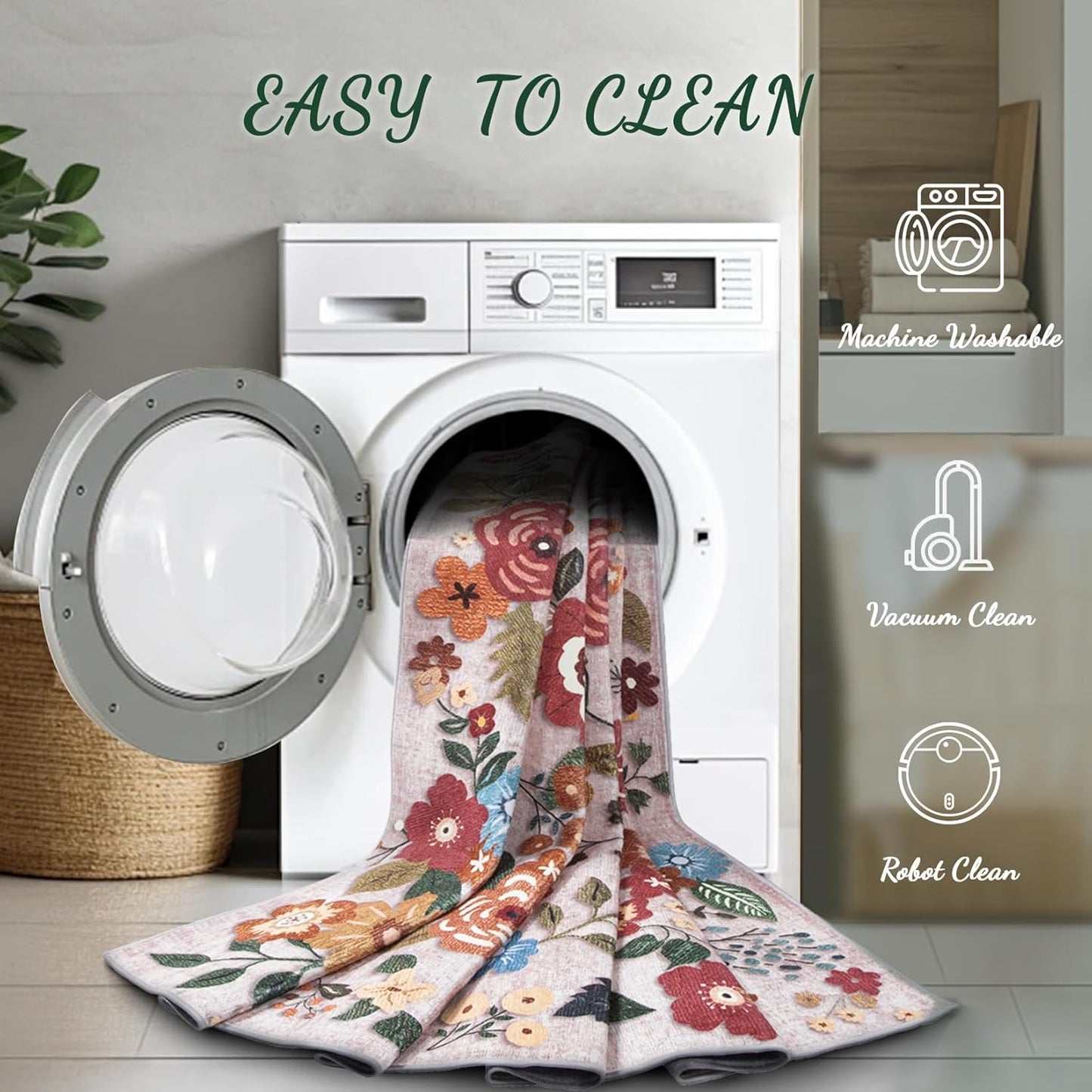 8x10 Area Rug for Living Room: Vintage Floral Washable Rug Soft Boho Non Slip Carpet Large Indoor Floor Non Shedding Low Pile Thin Carpets for Bedroom Dining Room Farmhouse Nursery Home Office Beige