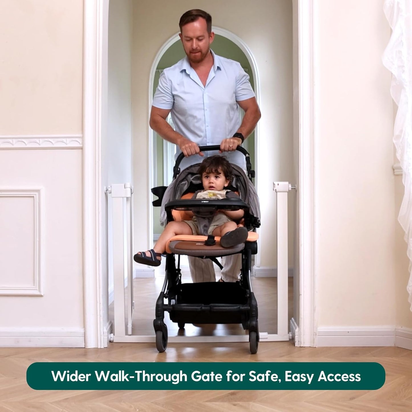 BABELIO Baby Gate for Doorways and Stairs, 36-41" Pet Gate with Wide Walk Thru Door and Lock Indicator, No Drill Pressure Mounted Safety Gate with Double Lock and Self-Closing, White