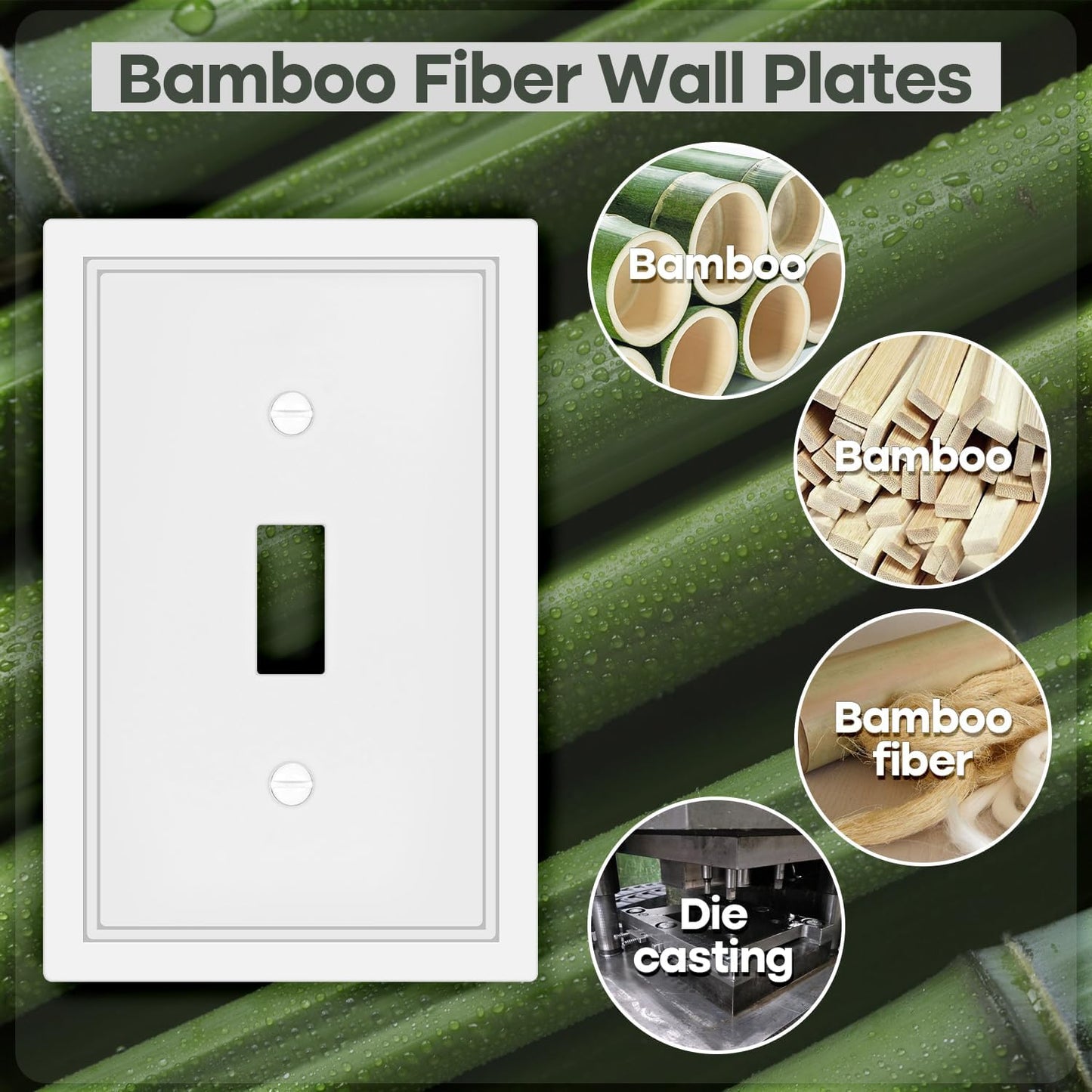 White Decorative Light Switch Cover Plate, Classic Single Toggle Switch Plate Covers, Natural Bamboo Fiber 1 Gang Wall Plates for Bathroom Kitchen- 4 Pack