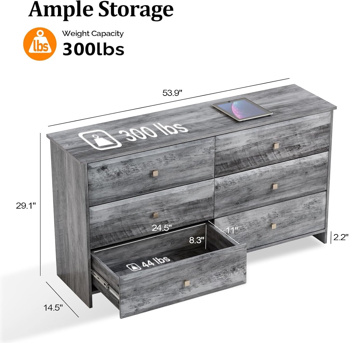 VINGLI Gray Dresser 6 Drawer, 54" Long Dresser for Bedroom, Wood Chest of Drawers with Textured Drawer Fronts, Rustic Grey Dressers Chest, 14.5" D x 53.9" W x 29.1" H