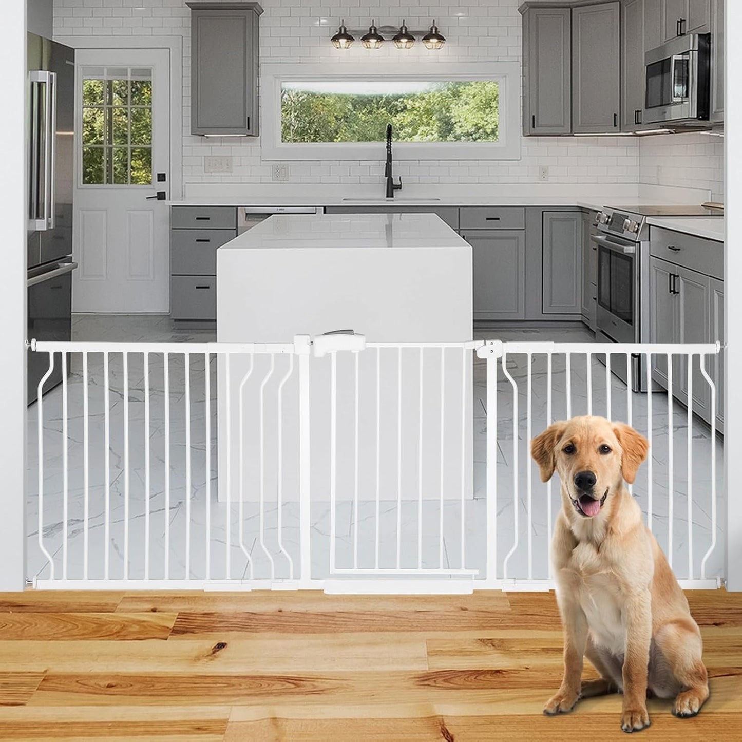 Extra Wide Baby Gate for Stairs Doorways with Door, 30" Tall 75.8-85" Wide Easy Install Dog Gate Indoor, Safety Metal Pressure Mounted Pet Gate with Walk-Thru Auto Close for The House, White