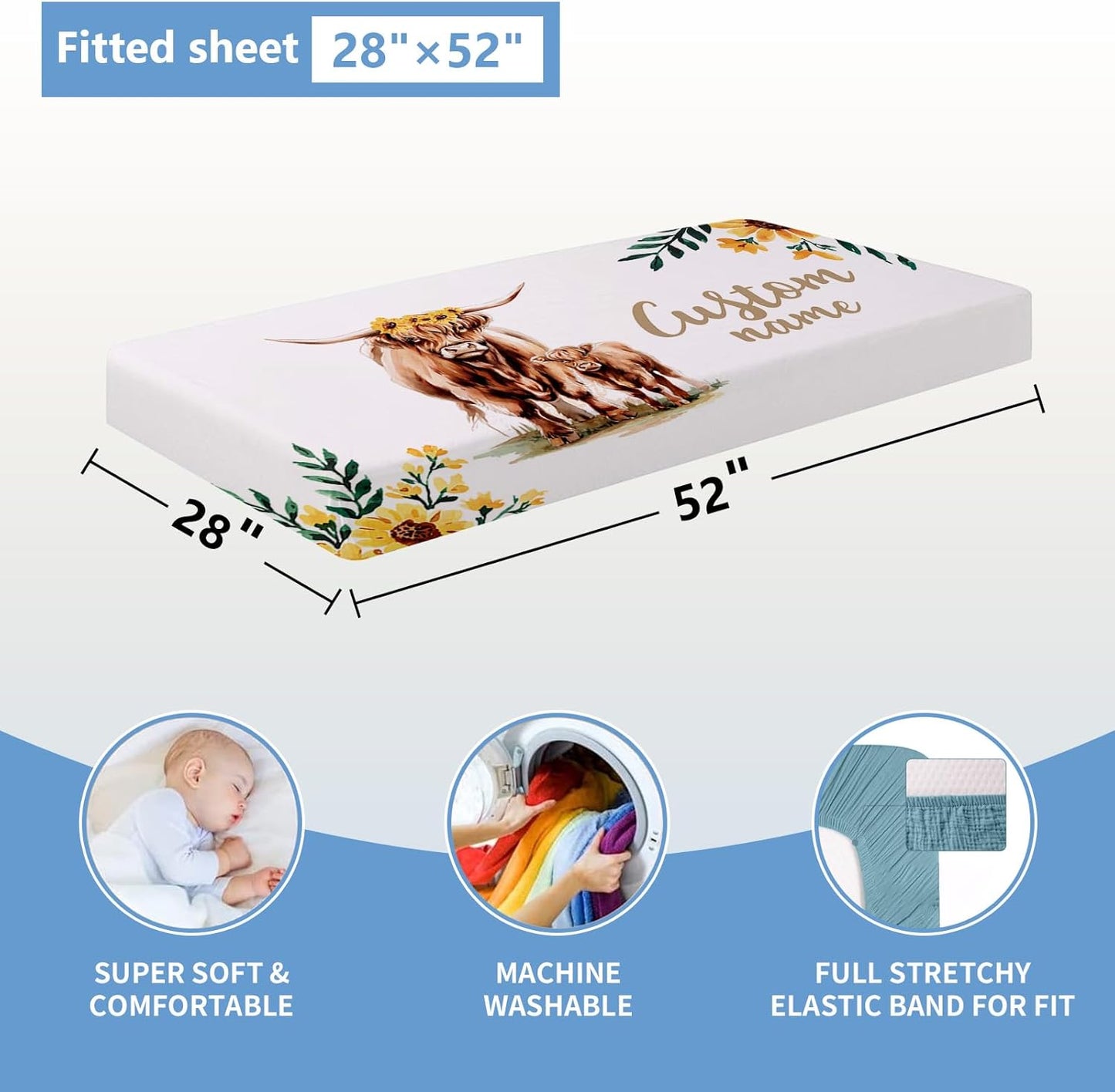 Personalized Baby Crib Bedding Set, 5 Pcs Custom Name Bedding Set, Double Layer Nursery Bedding Set for Boy Girl, Highland Cow Baby Crib Set, Gift for Toddlers Infants New Parents