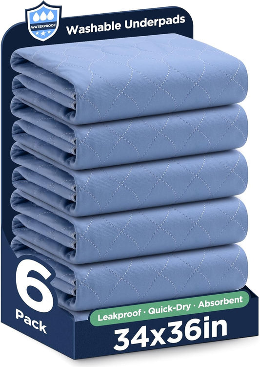 Washable Bed Pads 34" x 36" - 6 Pack, Blue, Waterproof Bed Pads for Incontinence, Bed Wetting Pads for Bed, Sofa, Floor, Resuable Underpads for Adults, Seniors, Pet