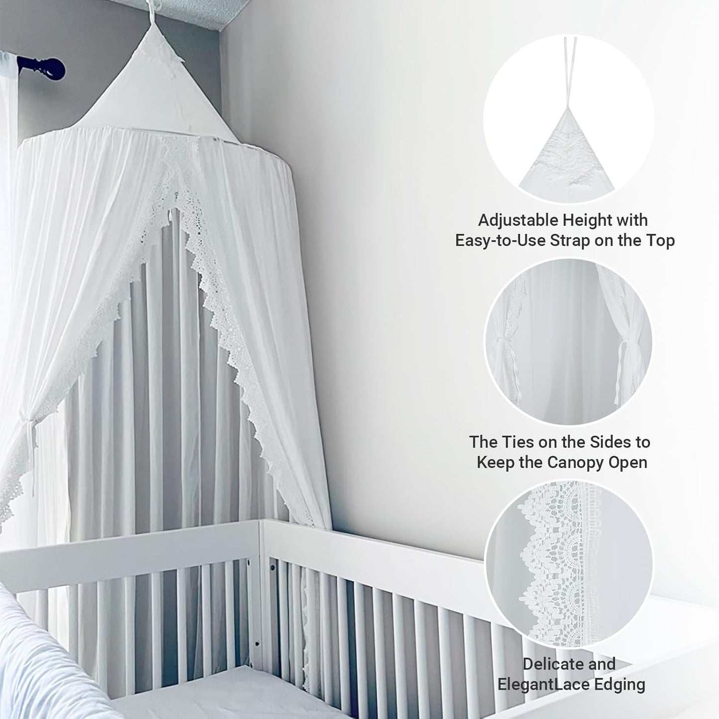 OldPAPA Kids Bed Canopy with Pom Pom Hanging Mosquito Net for Baby Crib Nook Castle Game Tent Nursery Play Room Decor，White