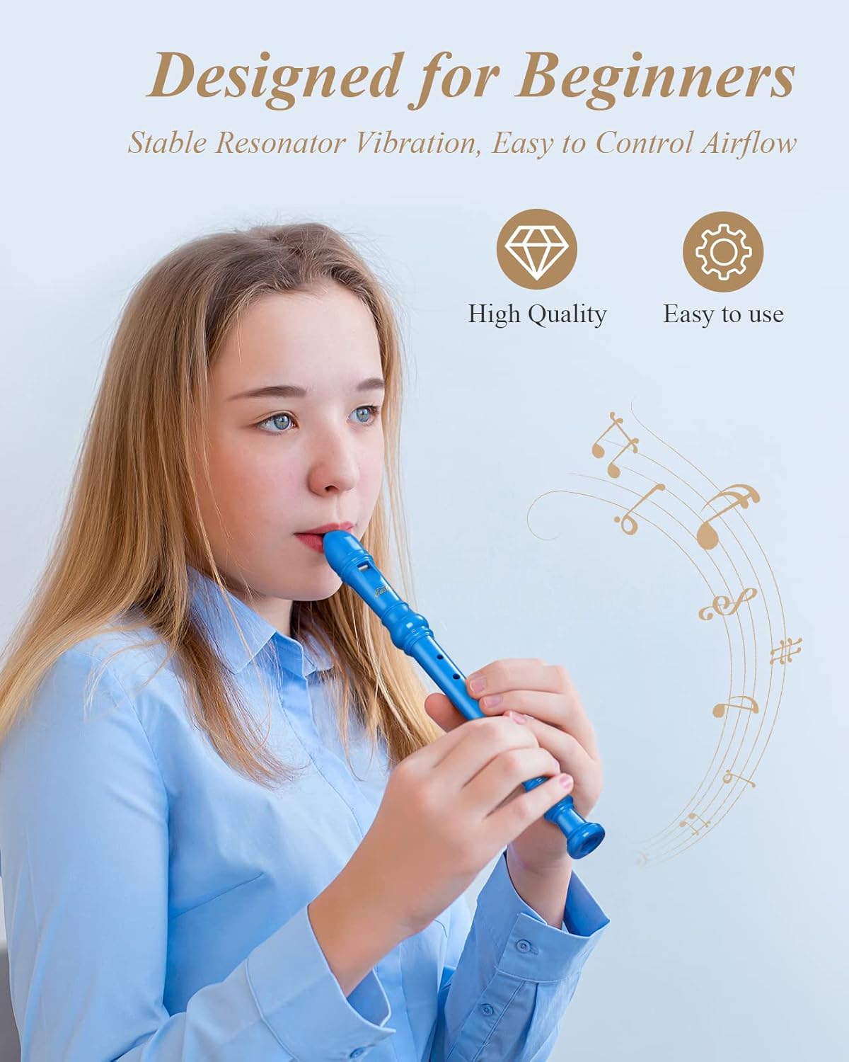 Eastar Soprano Recorder Instrument for Kids Beginners, German Fingering C Key with Cleaning Kit, Thumb Rest, Cotton Bag, Fingering Chart, ERS-21GB, Blue, School-Approved