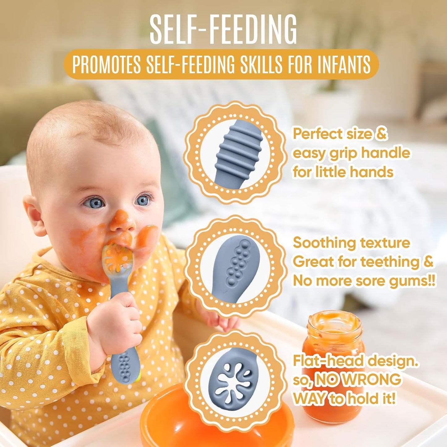 4pc Silicone Baby Spoons Self Feeding Baby Utensils 6-12 Months - 3 Baby Spoon - 1 Baby Fork - Toddler Cutlery Set - BPA Free, Dishwasher Safe - Baby Eating Essentials (Gray/Beige)