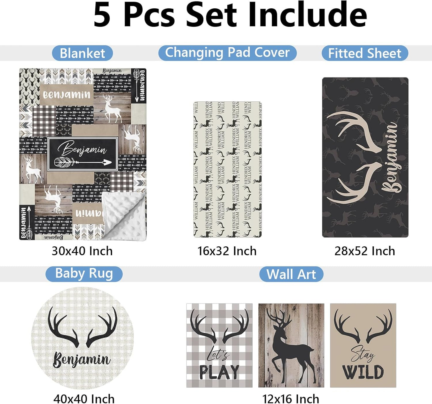 Personalized Woodland Deer Crib Set - 5 Pcs Nursery Bedding Set With Double Layer, Soft Bedding Sets For Boys, Girls, Toddlers, Infants