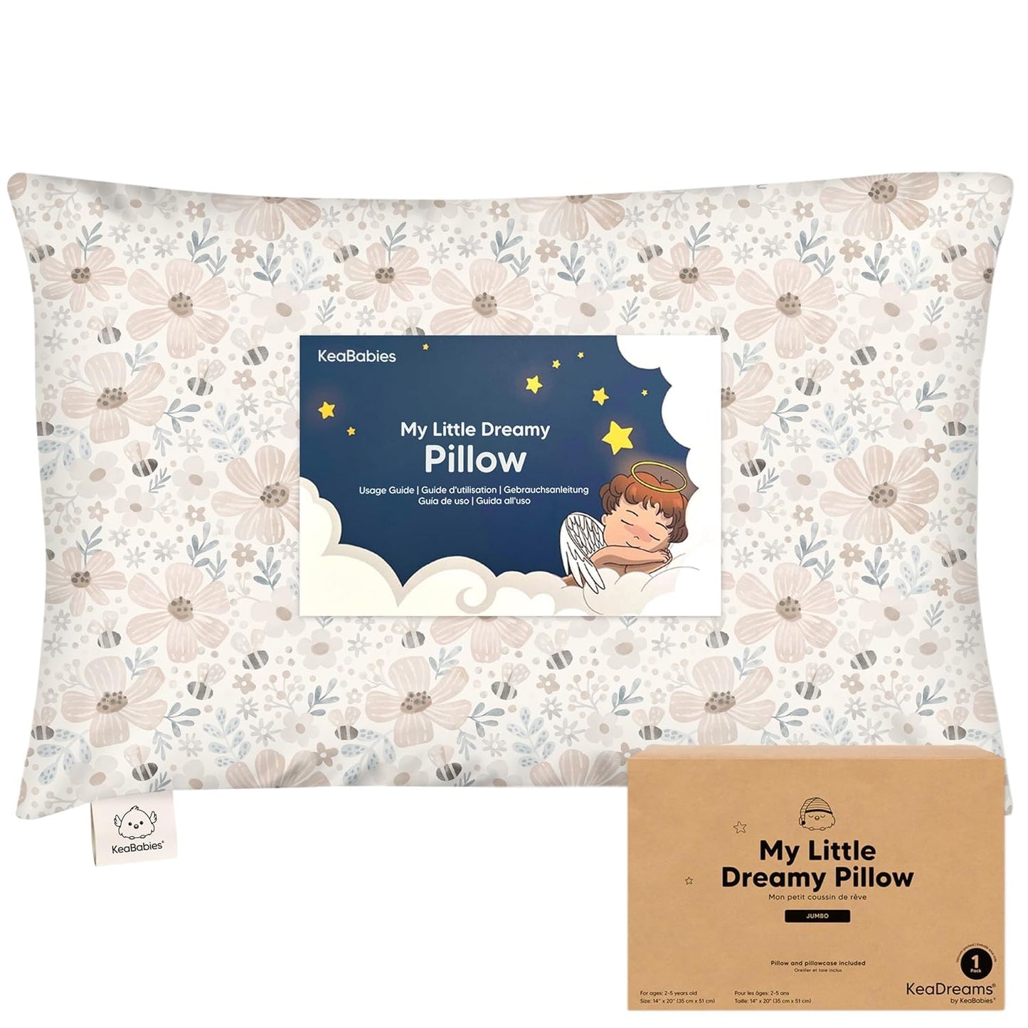 KeaBabies Toddler Pillow with Pillowcase, Jumbo 14X20 - Soft Organic Cotton Toddler Pillows for Sleeping - Machine Washable - Perfect for Travel, Toddler Bed Set (Flora Vale)