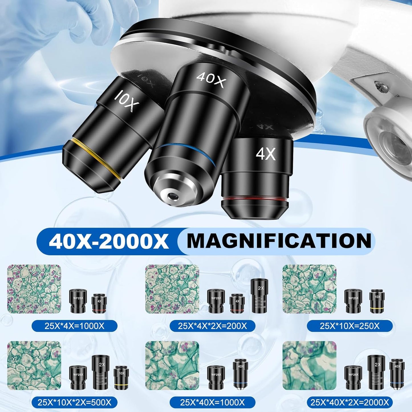 Microscope for Adults and Kids, Science School Laboratory Home Education Biology, 40-2000X High Definition,Easy to Operate,with Phone Holder 10 Specimen Slides 100 Coverslips and Bag for Student