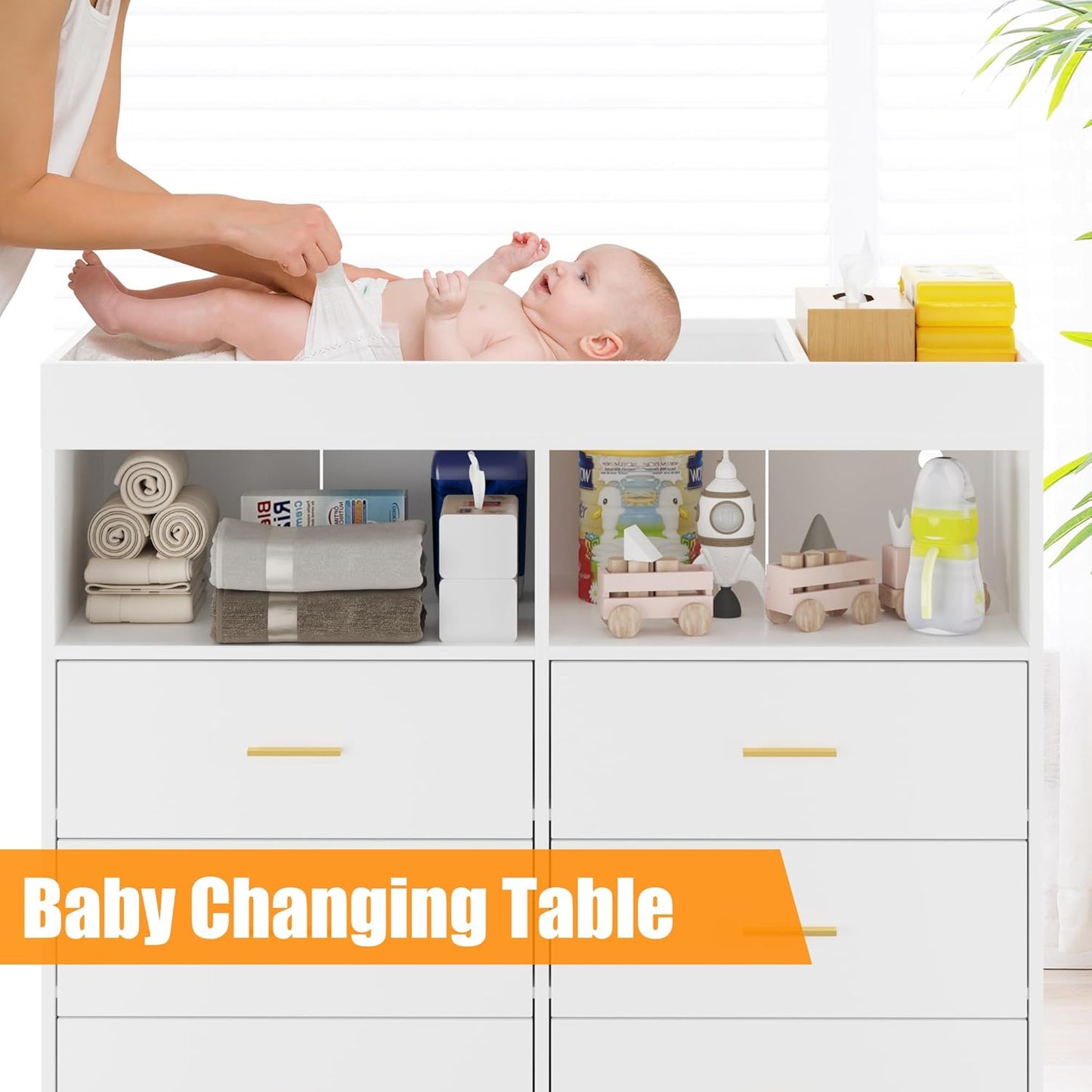 Changing Table Dresser with Drawers, Baby Dresser with Changing Table Top, Power Outlet, LED Light & Metal Feet, Diaper Changing Station Nursery Organizer for Infants Newborn, White