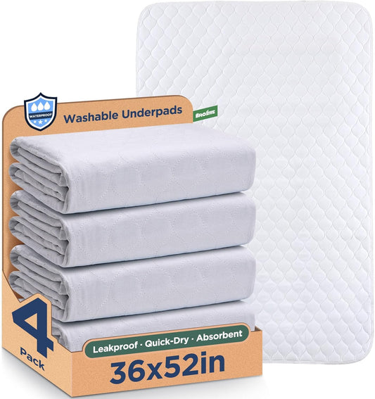 Washable Bed Pads 36" x 52" - 4 Pack, White, Waterproof Bed Pads for Incontinence, Bed Wetting Pads for Bed, Sofa, Floor, Resuable Underpads for Adults, Seniors, Pet