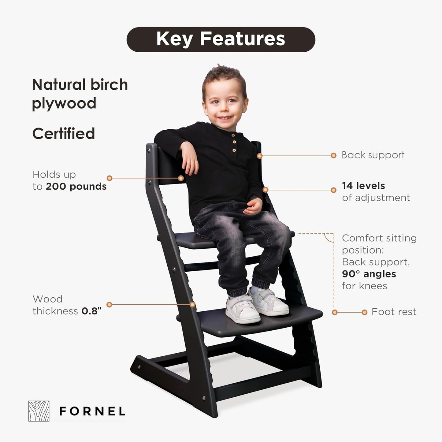 FORNEL Modern Black Wooden High Chair | The Adjustable Grow-with-Me Chair, A Sleek Alternative to Stokke | Perfect for Minimalist & Industrial Kitchens