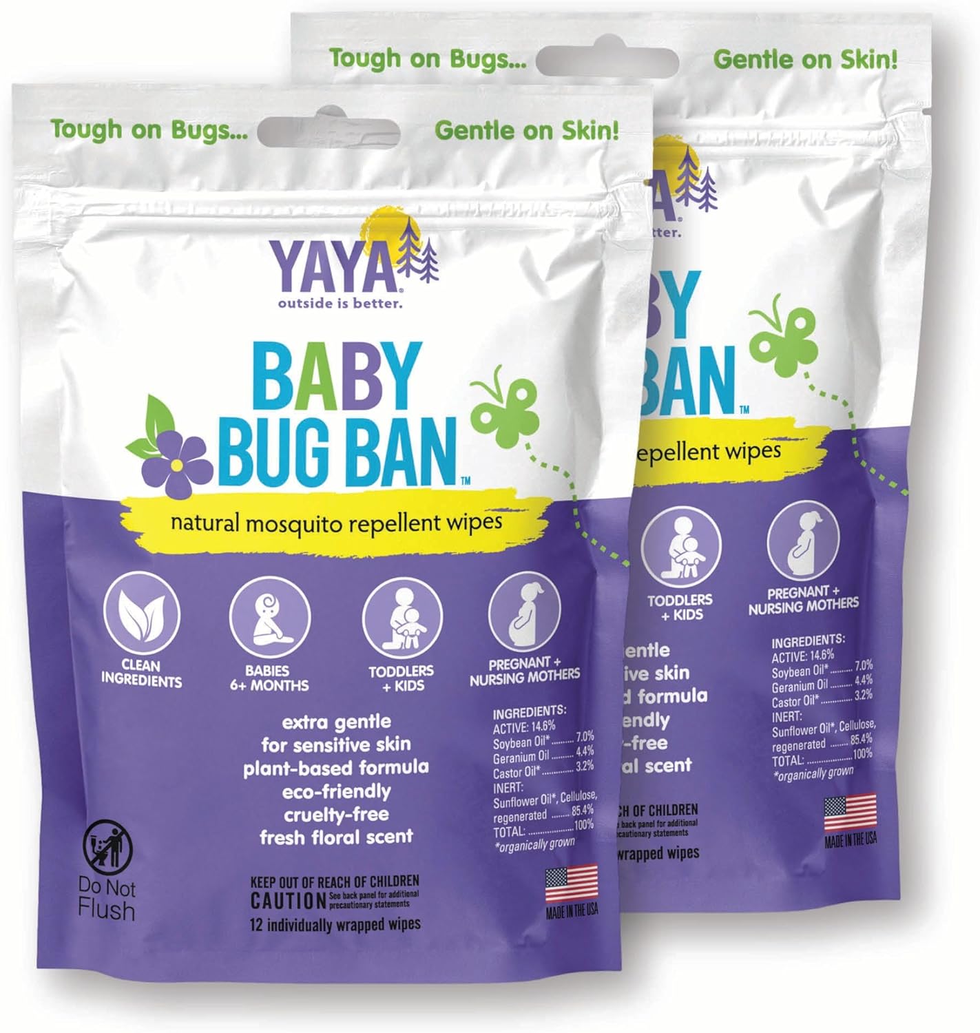 YAYA ORGANICS Baby Bug BAN Insect Repellent Wipes – All-Natural, DEET-Free, Non-Toxic, for Babies, Kids and Sensitive Skin (24 Count, Pack of 2)