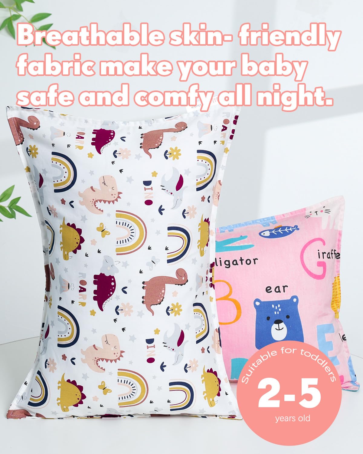 ALVABABY Toddler Pillowcases 2 Pack Organic Cotton Kids Pillow Cover Fit 13"x 18" or 12"x24" Envelope for Girl Boy Sleepy Travel Pink Animals&Dinosaur