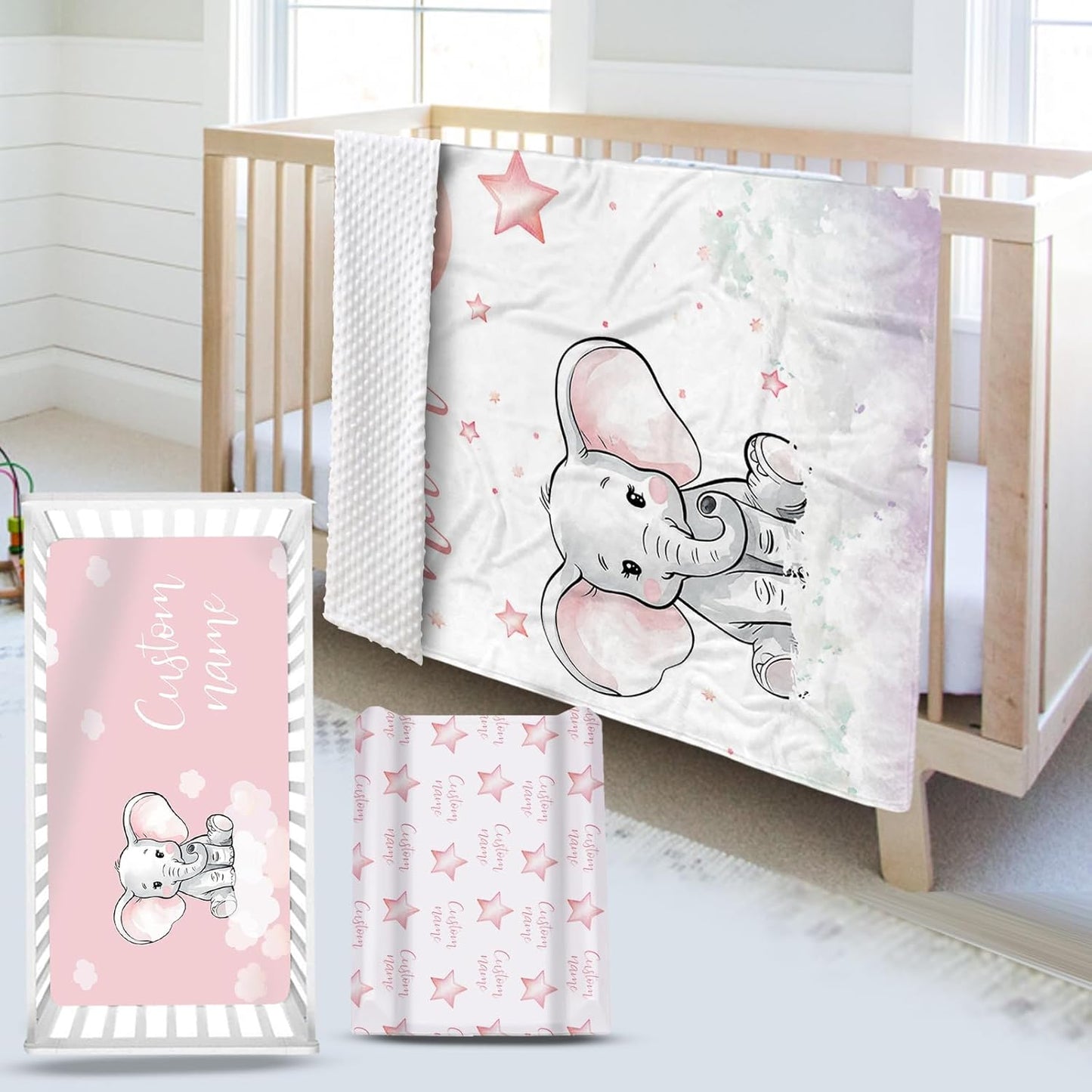 Custom Name Crib Bedding Set - Starry Sky Elephant Design, Personalized Baby Nursery Bedding 3-Piece Set– Soft Blanket, Fitted Sheet, Changing Pad Cover – for Newborns Girls Nursery Gifts
