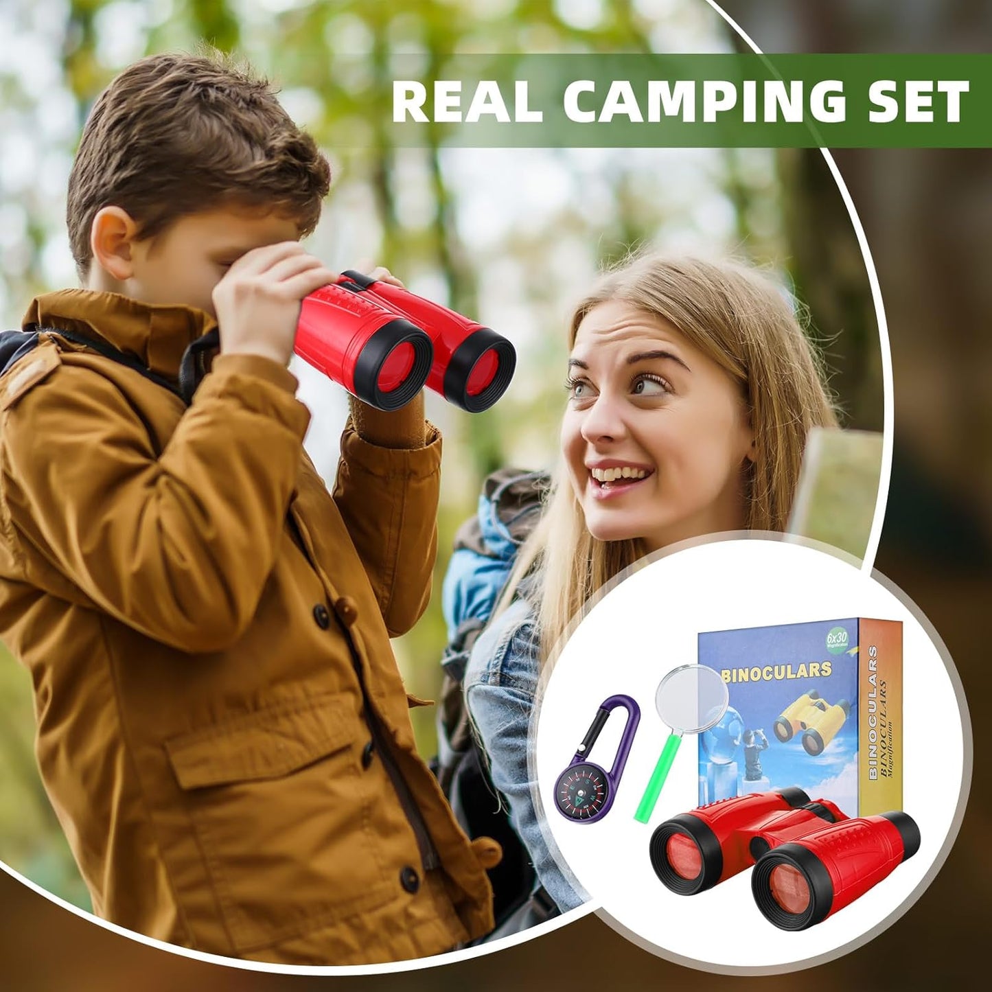 Wettarn 24 Pack Kid Mini Compact Binocular Compass Magnifying Glass Set for 3-12 Years Boy Girl Toddler Small Telescope Binocular for Kid Bird Watching Camping Hiking Exploring Outdoor Play