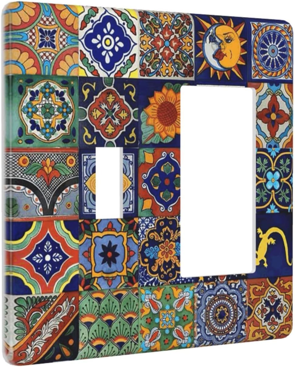 Talavera Mexican Tiles Traditional Color Decoration Print Outlet Covers 1 Toggle 1 Rocker Combination Decorative Wall Plate Electrical Switch Plates Light Switch Cover Plate for Kitchen Bathroom Decor