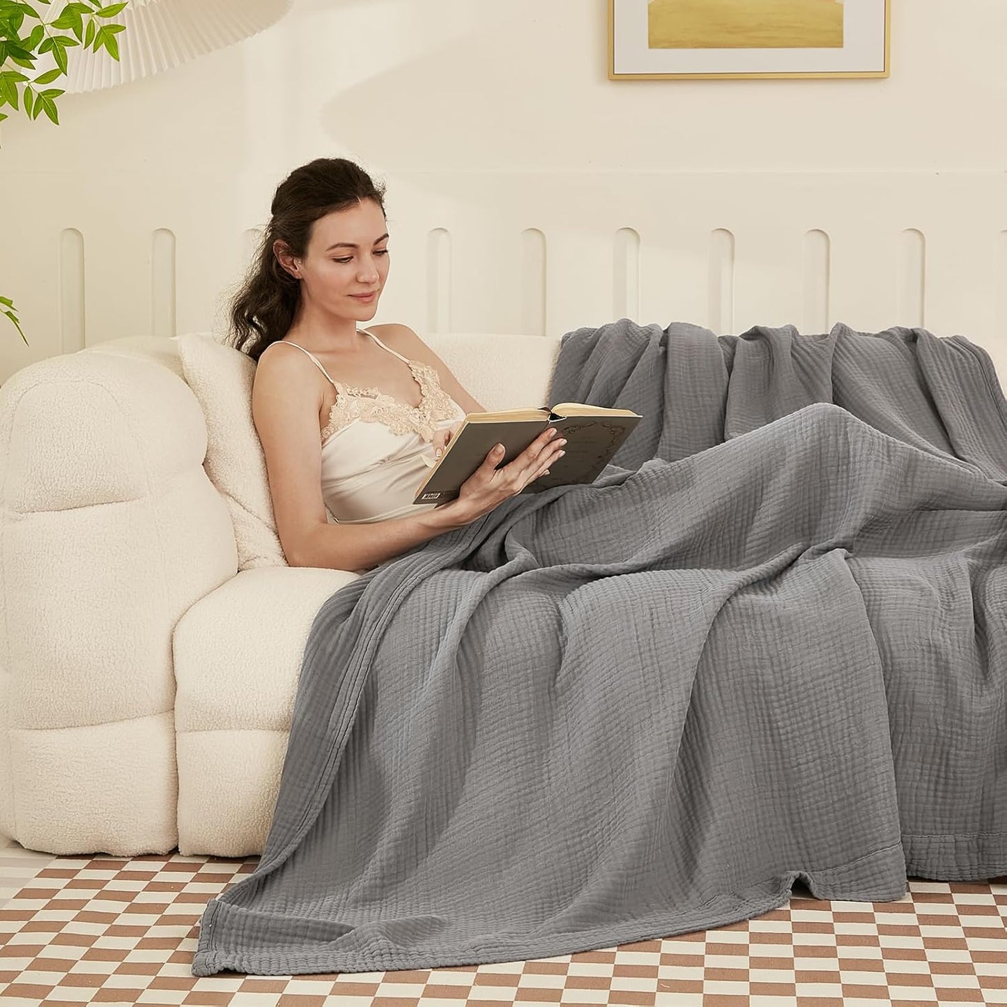 EMME Cotton Muslin Blanket King Size - Soft, Breathable Layering Blanket, 108"x90", All Season Gauze, Grey