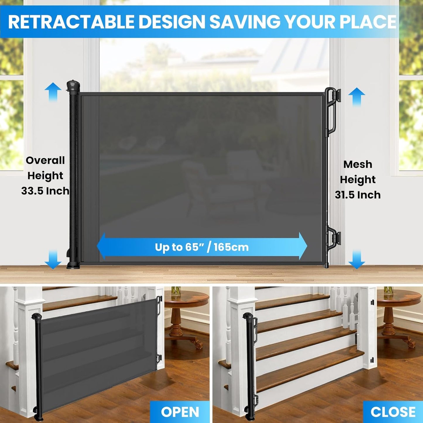 Retractable Safety Baby Gate or Mesh Dog Gate,Durable Portable Mesh Retractable Gate,Easy to Use for Stairs, Doorways, Hallways, Indoor, Outdoor, 33.5" Tall, Up to 65" Wide, Black