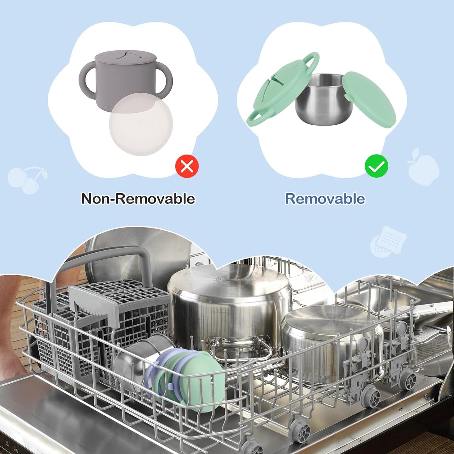 2 Pack Snack Cups for Toddlers Spill Proof - Detachable Stainless Steel Toddler Snack Cups with Silicone Lids & Handles - Dishwasher Safe Baby Snack Containers for Mess-Free Snacking (Blue and Green)