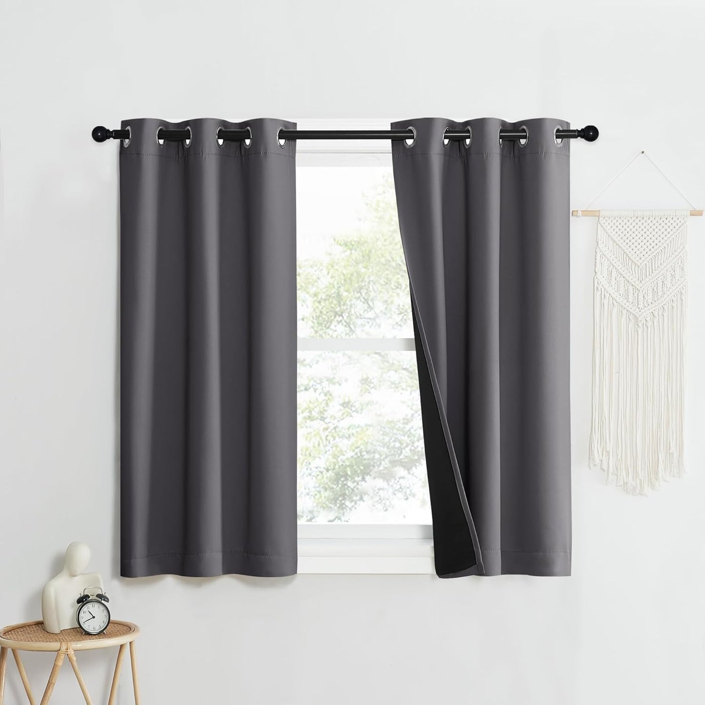 NICETOWN 100% Blackout Short Curtains with Black Liners, 2 Panels, 37" W by 40" L, Grey, Solid Thermal Insulated Full Blackout 2-Layer Lined Drapes, Energy Efficiency Window Draperies for Bedroom
