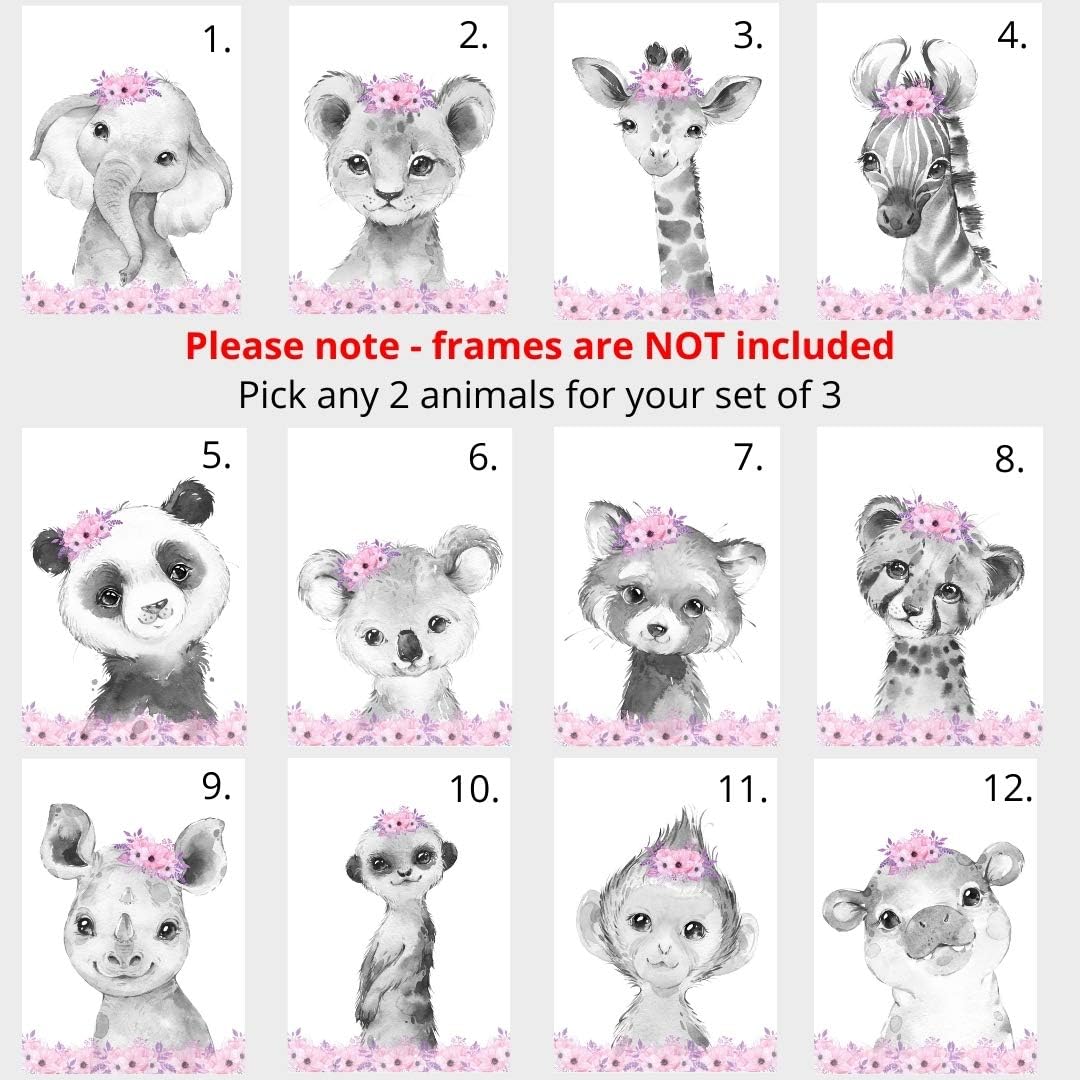 Safari Animals Girls Nursery Bedroom Unframed Set of 3 Poster Prints, Personalized Name Pink or Purple Flowers Wall Art Decor New Baby Gift Present, Elephant Giraffe Panda Zebra Lion (8x10)