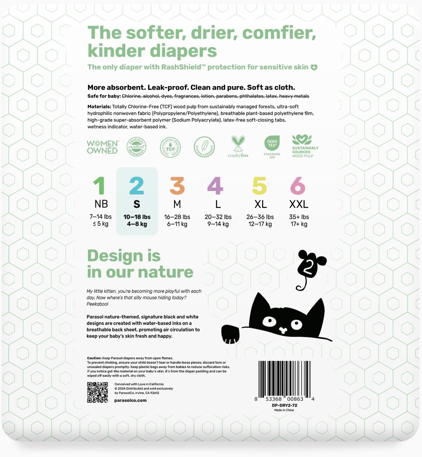 Parasol Clear+Dry Disposable Diapers, RashShield Protection and Leak-Control Fit, Hypoallergenic Diapers, Size 2 (10-18 lbs), 288 Count