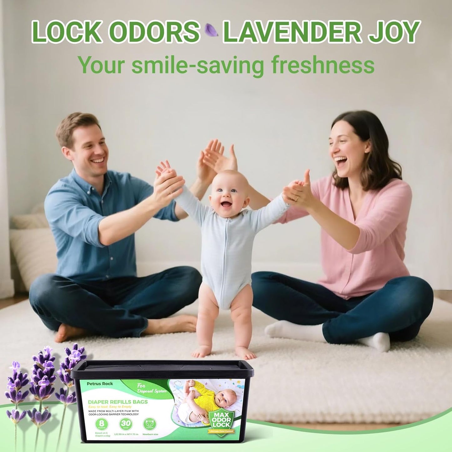 Diaper Pail Refills Bags | Compatible with Genie Easy Roll Refill Signature & Platinum Pails | 7-Layer Odor Control | Extra Thick | Lavender Scented diaper bags disposable for Nursery 2 Pack 60 count