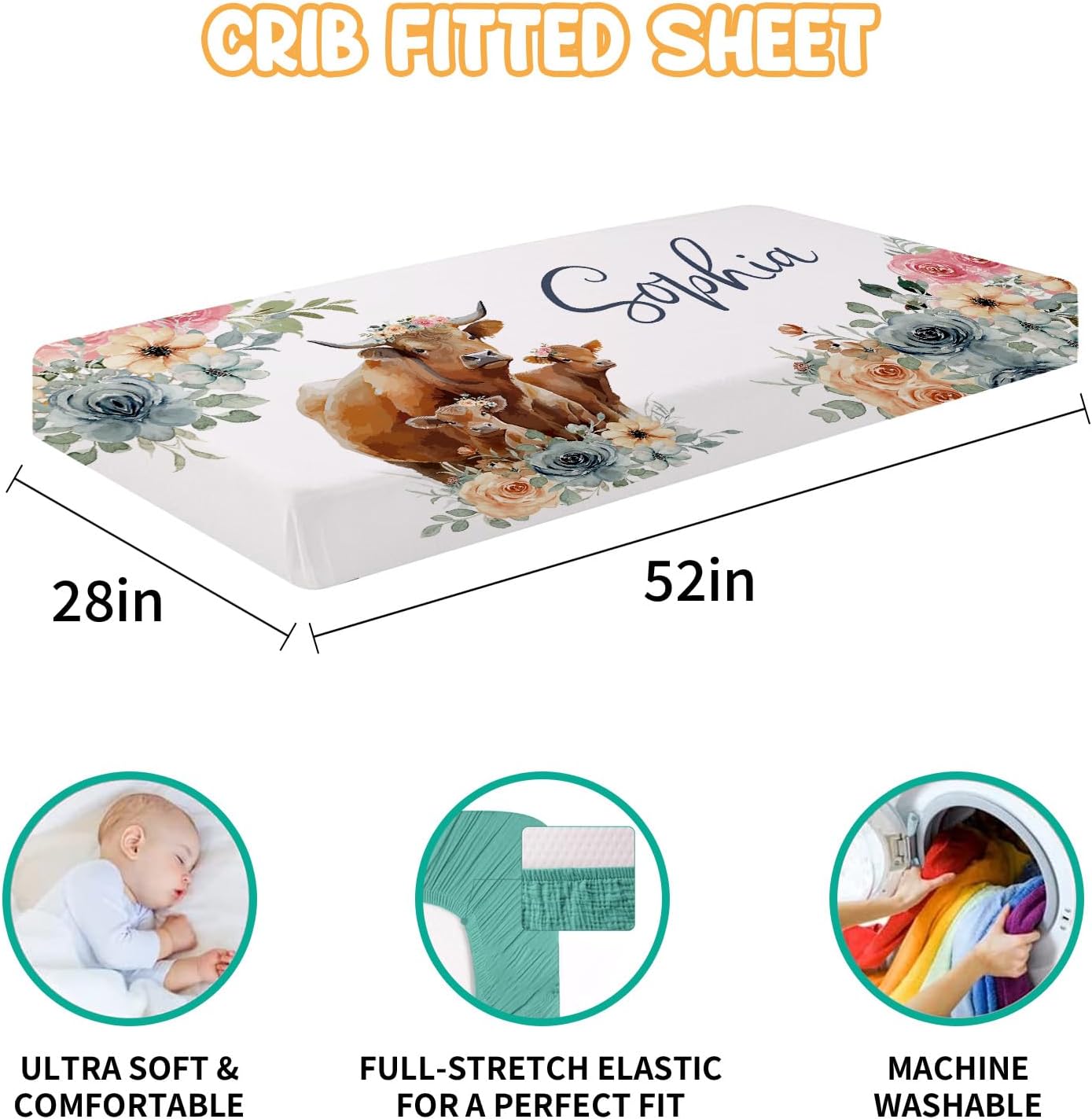 Custom Crib Bedding Set - Highland Cow Design Personalized Name Baby Nursery Bed 3 Pcs Set - Chic Soft Blanket with Dotted Backing, Sheet, Pillowcase for Newborn Girls Boys Gifts Color03