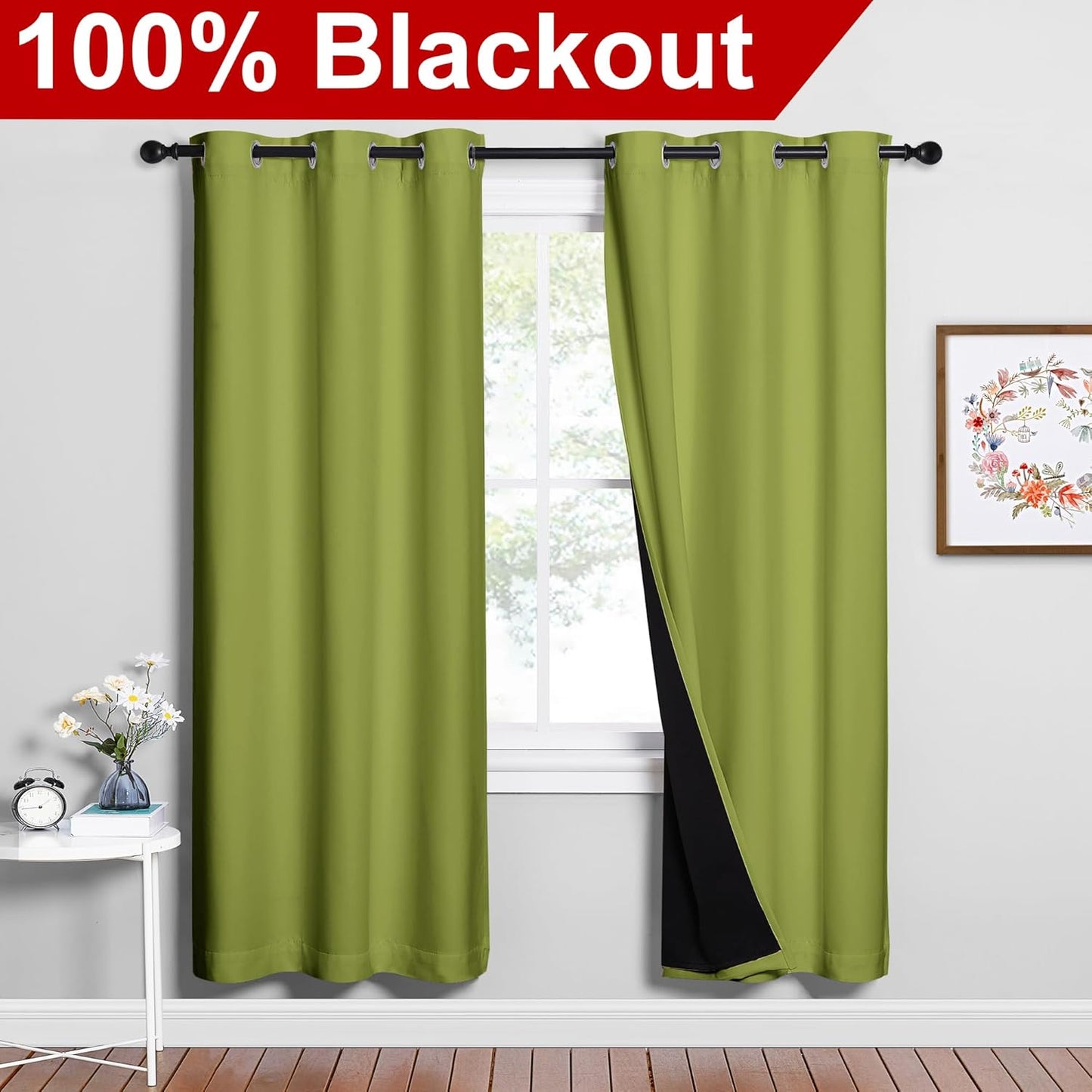 NICETOWN Full Shade Curtain Panels, 37" Wide x 70" Long, Fresh Green, Pair of Thermal Insulated & Energy Efficiency Blackout Drapes for Living Room, Lined Silky Performance Window Dressing