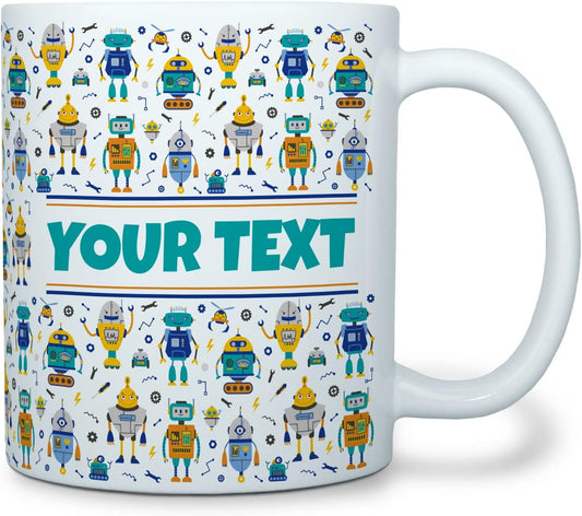 Personalized Mug for Kids - Robots - Custom Name/Text, Ceramic Hot Chocolate/Cocoa/Coffee Cup for Boys, Birthday/Christmas/Holiday Gift - 11 oz, White Handle