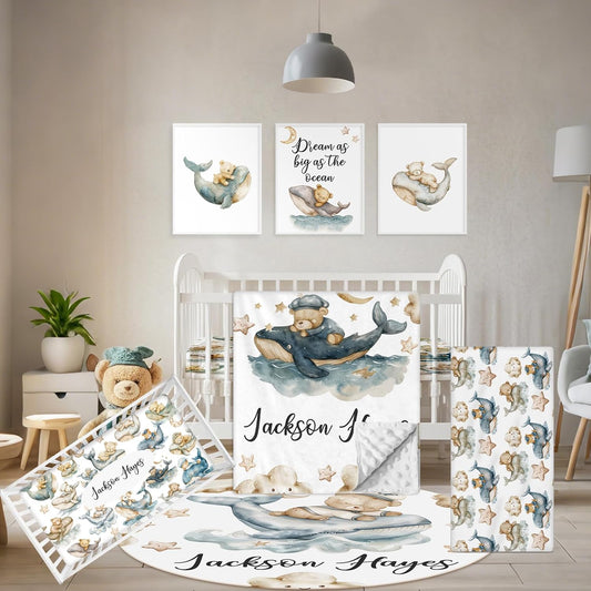 Personalized Baby Bedding Set - 5 Pcs Custom Infants Bedding Set with Infant Name - Double Layer Nursery Crib Set for Girls Boys - Customized Gifts for Toddler Baby Shower - Whales and Bears