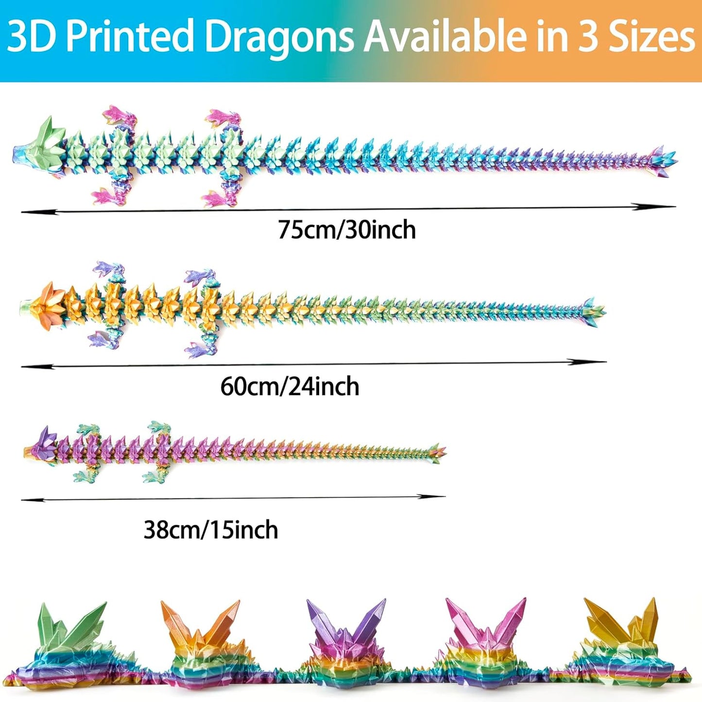 3D Printed Dragon, 24 Inch Crystal Dragon, Bigger Fidget Toys Adults, 3D Printed Articulated Dragon for Home Office Car Desk Decor Toys, Dragon Eggs Gift Given on Birthday (Rainbow)