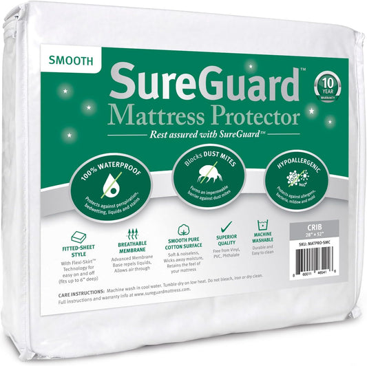 SureGuard Crib Size Mattress Protector - 100% Waterproof, Hypoallergenic - Premium Fitted Cotton Cover - Smooth