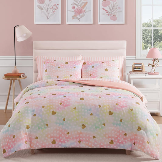 Queen Comforter Set with Sheets for Girls-7 Pieces Queen Bedding Sets with Pink Comforter, Sheets, Pillowcases & Shams for Kids (Colorful Gold Heart, 90" X 90")