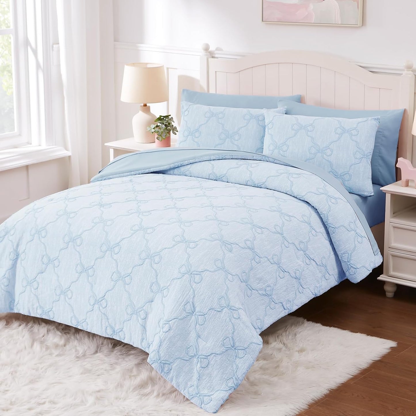 Queen Comforter Set with Sheets for Girls-7 Pieces Queen Bedding Sets with Light Blue Comforter, Sheets, Pillowcases & Shams for Kids (Light Blue Bow Knot, 90" X 90")